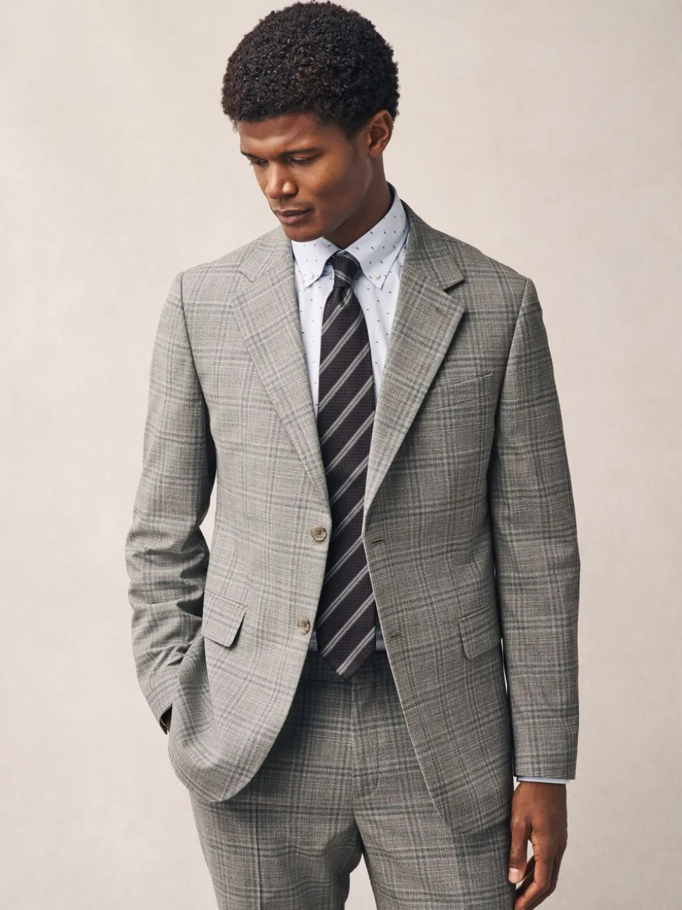 Taupe Tailored Fit Check Texture Suit Jacket