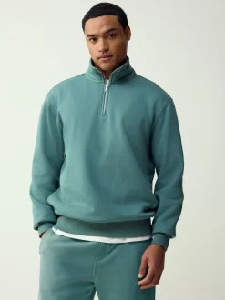 Teal Blue Quarter Zip Cotton Rich Jersey Sweatshirt
