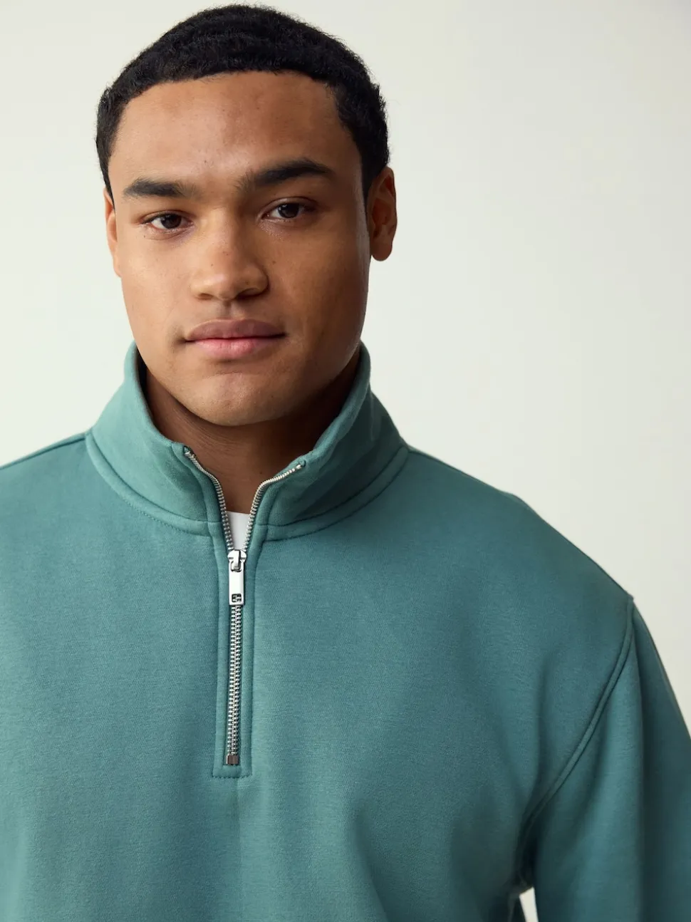 Teal Blue Quarter Zip Cotton Rich Jersey Sweatshirt