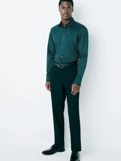 Teal Blue Regular Fit Easy Care Textured Single Cuff Smart Shirt