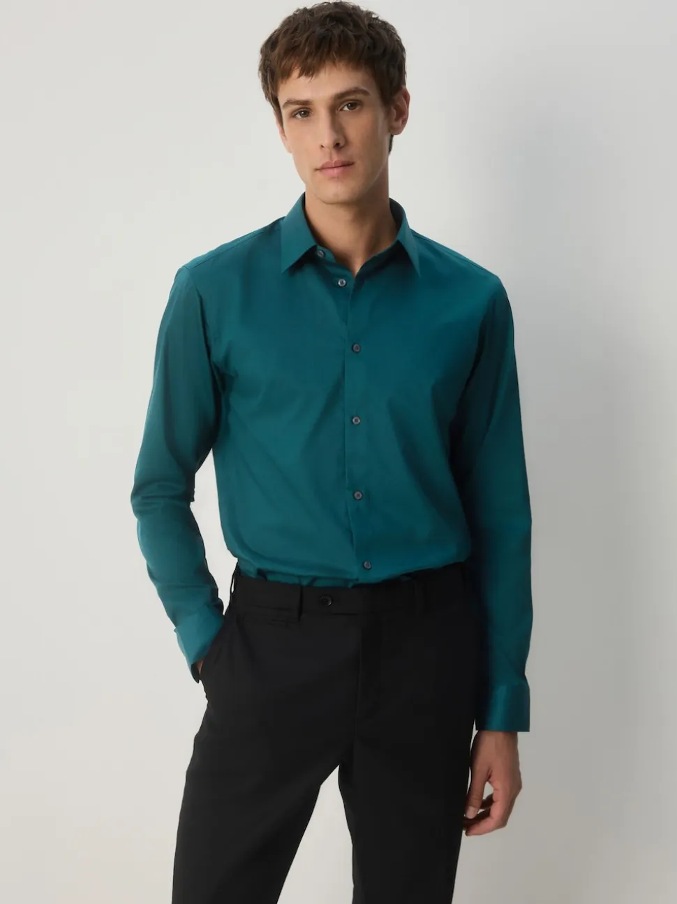 Teal Blue Slim Fit Easy Care Textured Single Cuff Smart Shirt