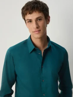 Teal Blue Slim Fit Easy Care Textured Single Cuff Smart Shirt