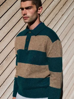 Teal Blue/Brown Relaxed Fit Neppy Stripe Knitted Rugby Polo Shirt