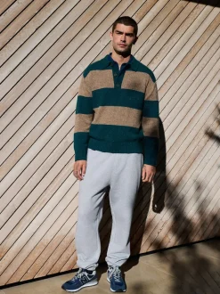 Teal Blue/Brown Relaxed Fit Neppy Stripe Knitted Rugby Polo Shirt