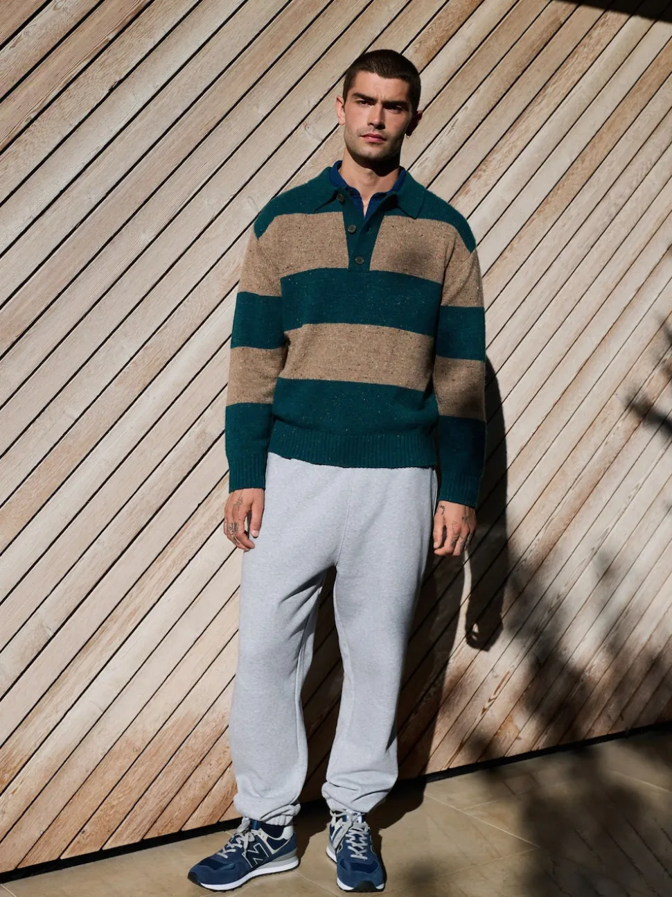 Teal Blue/Brown Relaxed Fit Neppy Stripe Knitted Rugby Polo Shirt
