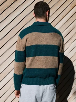 Teal Blue/Brown Relaxed Fit Neppy Stripe Knitted Rugby Polo Shirt