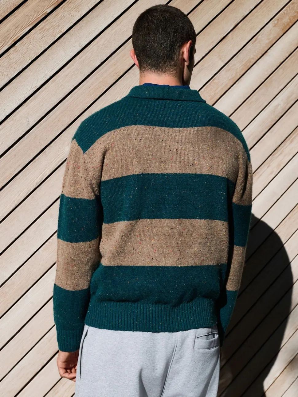 Teal Blue/Brown Relaxed Fit Neppy Stripe Knitted Rugby Polo Shirt