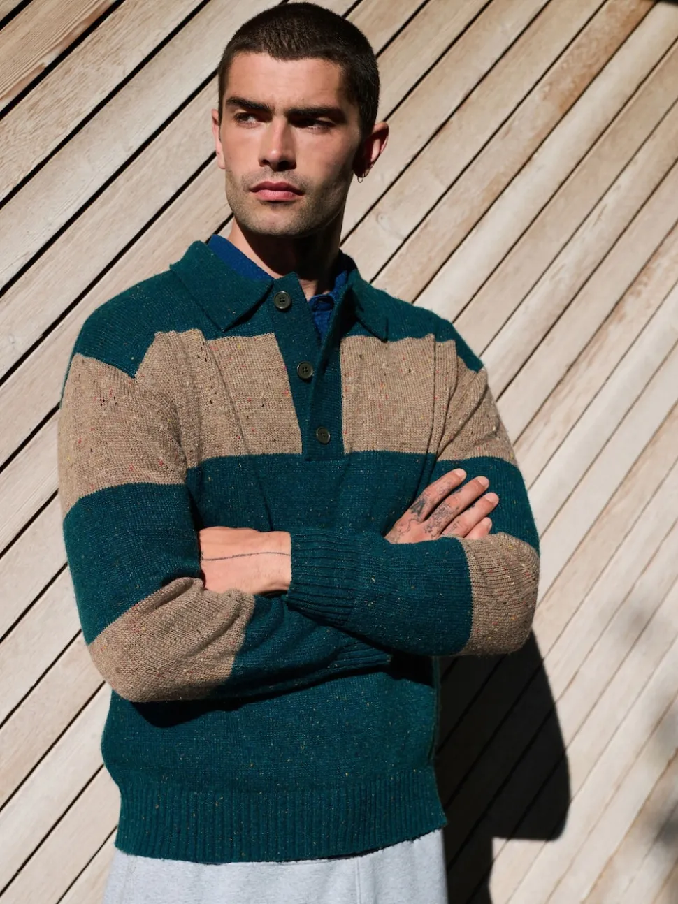 Teal Blue/Brown Relaxed Fit Neppy Stripe Knitted Rugby Polo Shirt
