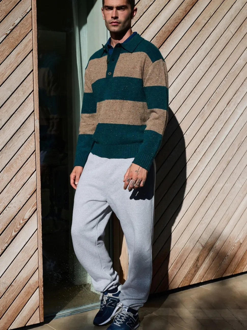 Teal Blue/Brown Relaxed Fit Neppy Stripe Knitted Rugby Polo Shirt