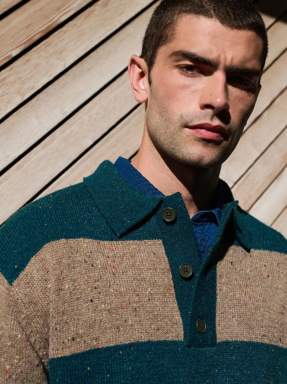 Teal Blue/Brown Relaxed Fit Neppy Stripe Knitted Rugby Polo Shirt