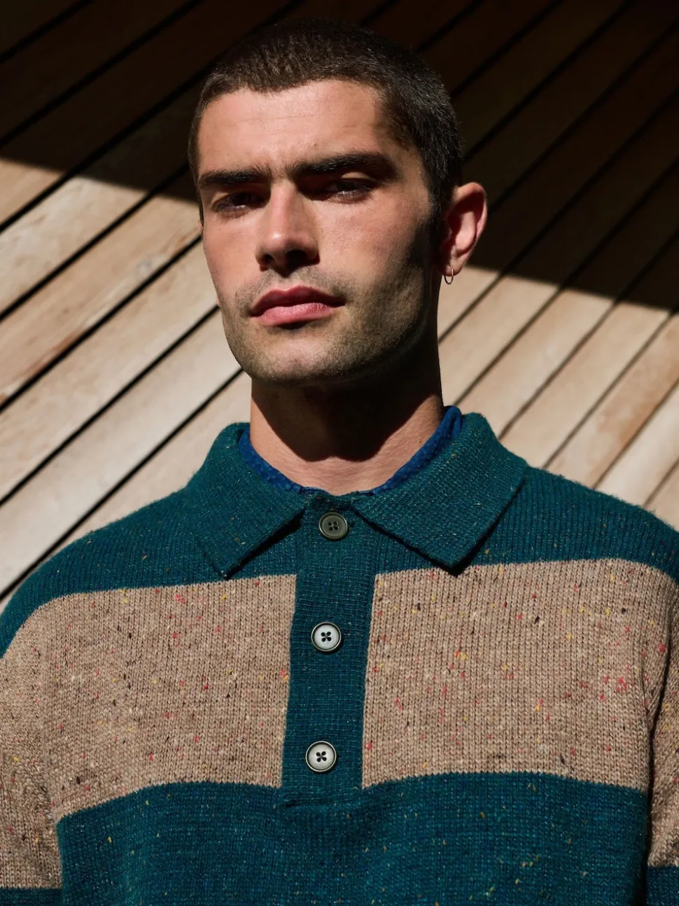 Teal Blue/Brown Relaxed Fit Neppy Stripe Knitted Rugby Polo Shirt