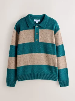 Teal Blue/Brown Relaxed Fit Neppy Stripe Knitted Rugby Polo Shirt