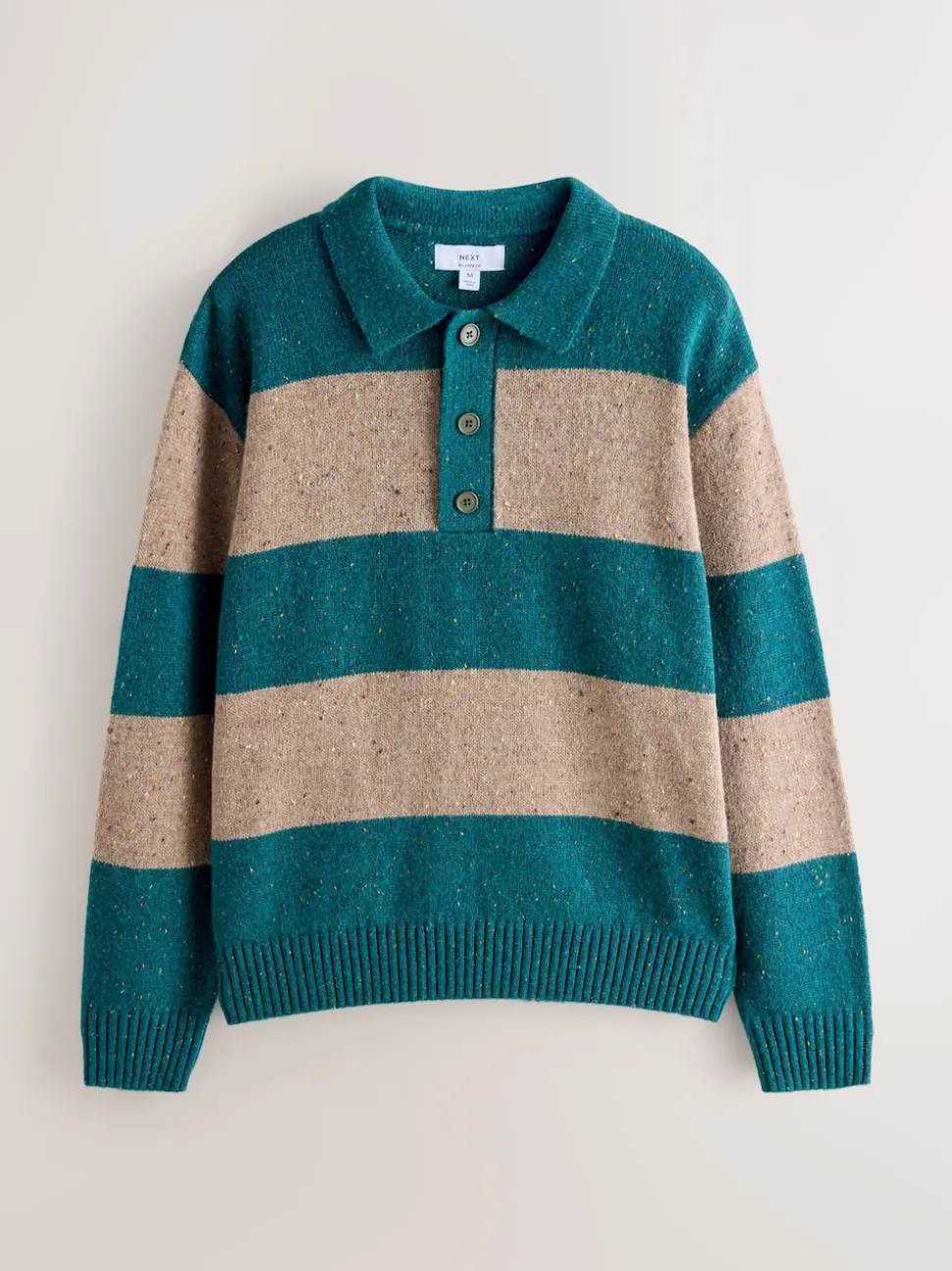 Teal Blue/Brown Relaxed Fit Neppy Stripe Knitted Rugby Polo Shirt