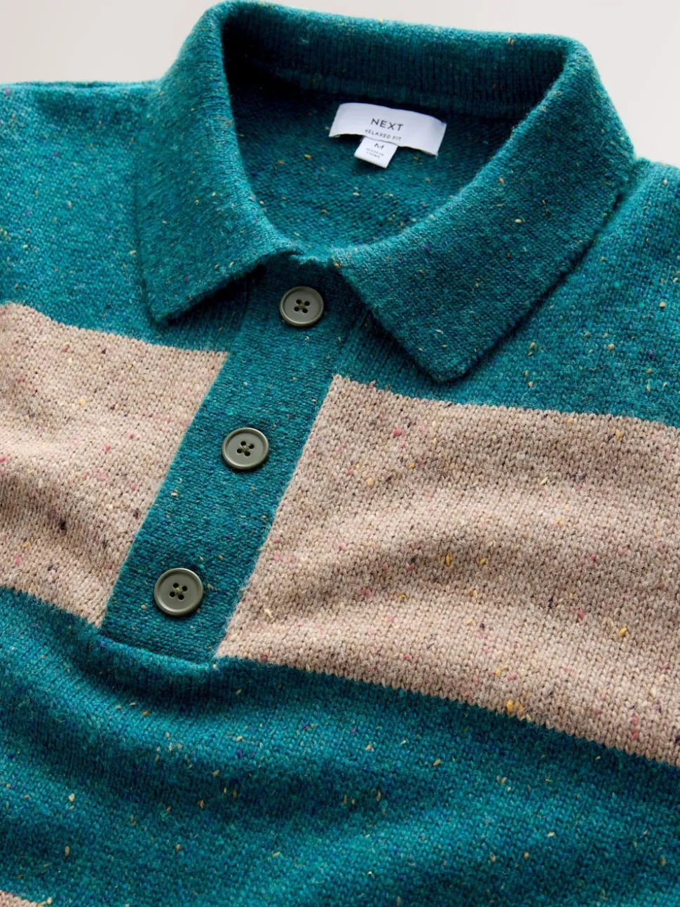 Teal Blue/Brown Relaxed Fit Neppy Stripe Knitted Rugby Polo Shirt
