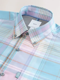 Teal Blue/Pink Madras Check Regular Fit Easy Iron Button Down Oxford Shirt