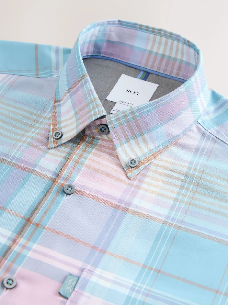 Teal Blue/Pink Madras Check Regular Fit Easy Iron Button Down Oxford Shirt