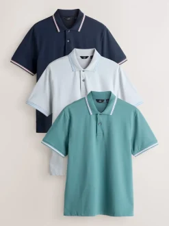 Teal/Navy/Grey Short Sleeve Tipped Pique Polo Shirts 3 Pack