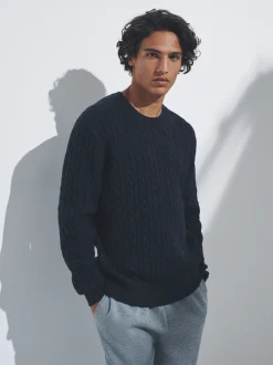 The Set 2 Pack Cable Knit Jumpers with Wool Navy Blue/Brown