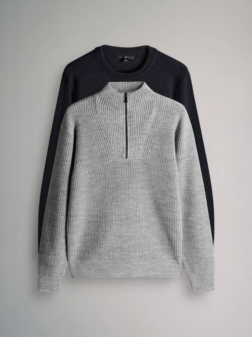 The Set 2 Pack Cable Knit and Zip Neck Jumpers Navy Blue/Grey Marl