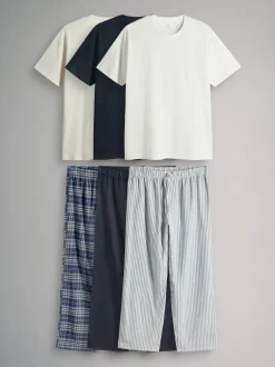 The Set 3 Pack Jersey T-Shirt and Flannel Pyjamas Cream/Grey/Blue