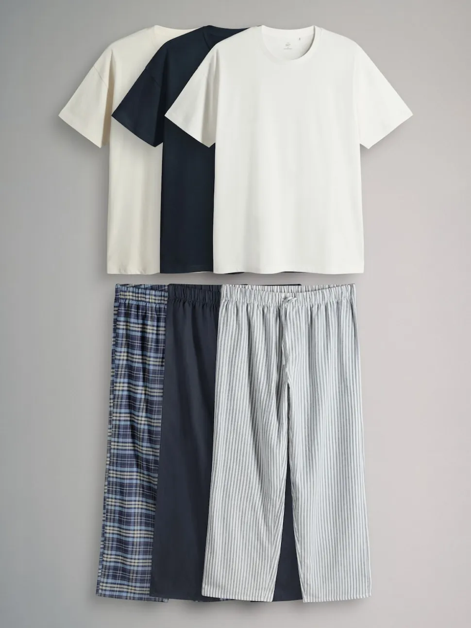 The Set 3 Pack Jersey T-Shirt and Flannel Pyjamas Cream/Grey/Blue
