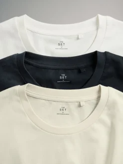 The Set 3 Pack Jersey T-Shirt and Flannel Pyjamas Cream/Grey/Blue
