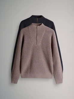 The Set 2 Pack Quarter Zip Neck Jumpers Brown/Navy Blue