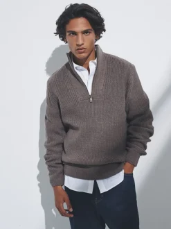 The Set 2 Pack Quarter Zip Neck Jumpers Brown/Navy Blue