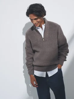 The Set 2 Pack Quarter Zip Neck Jumpers Brown/Navy Blue