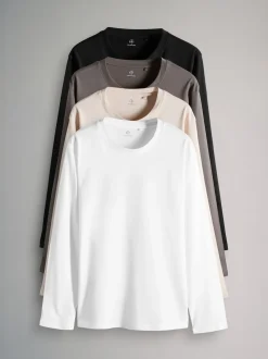 The Set 4 Pack Regular Long Sleeve Cotton T-Shirts Black/Cream/Brown/White