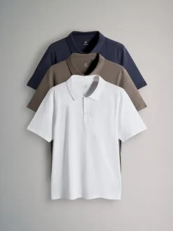 The Set 3 Pack Short Sleeve Cotton Jersey Polo Shirts Navy Blue/Brown/White