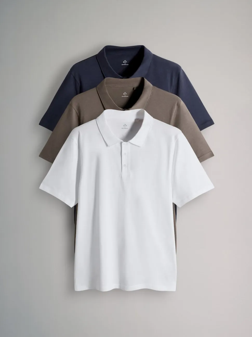 The Set 3 Pack Short Sleeve Cotton Jersey Polo Shirts Navy Blue/Brown/White
