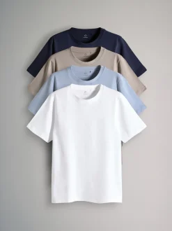 The Set Slim Fit 4 Pack Short Sleeve Cotton T-Shirts Navy Blue/Brown/White