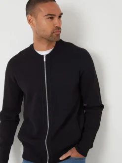 Threadbare Black Bomber Style Knitted Zip Through Cardigan