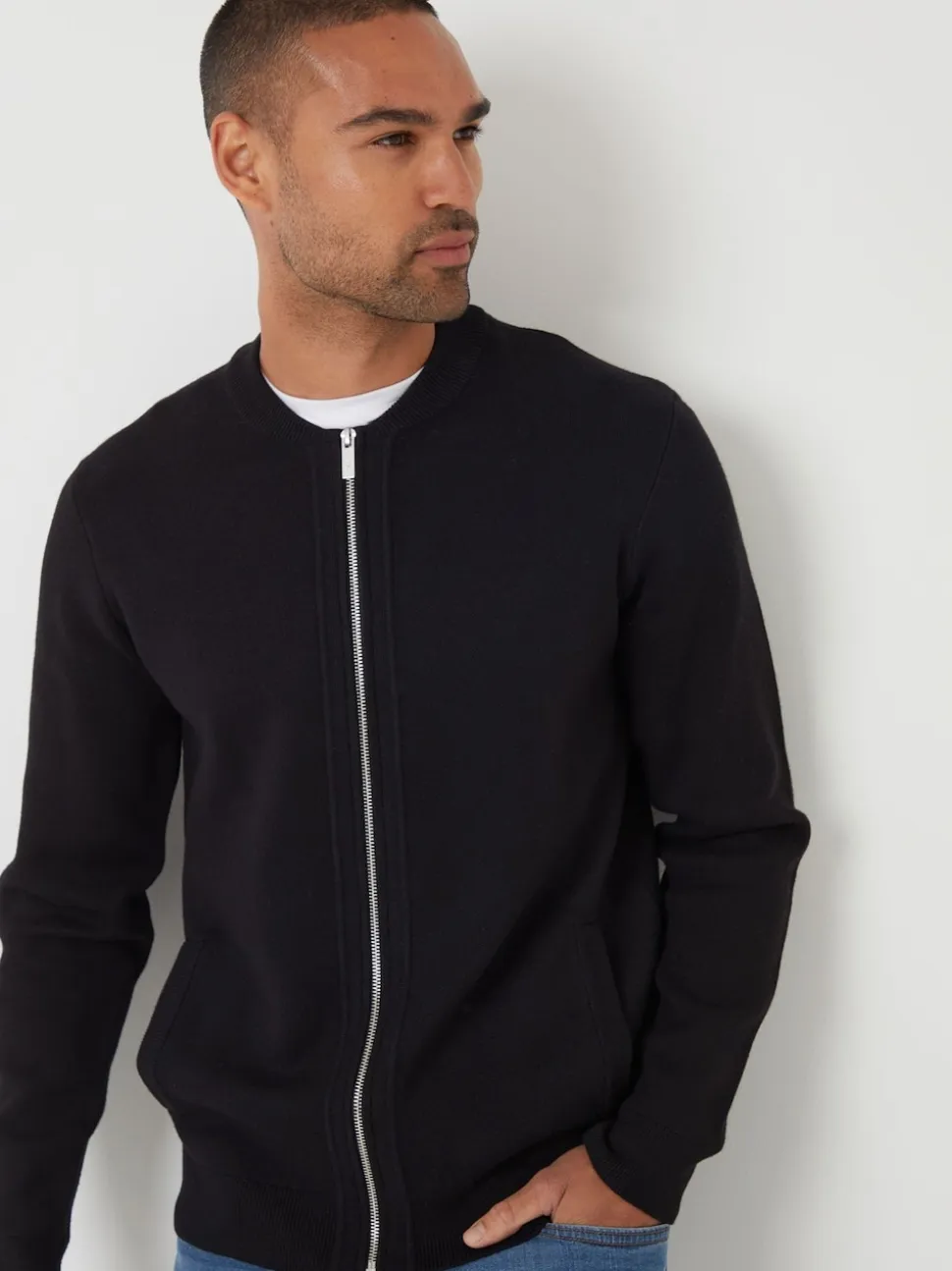 Threadbare Black Bomber Style Knitted Zip Through Cardigan