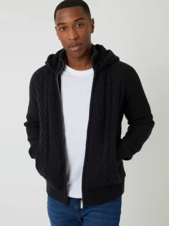 Threadbare Black Cable Knit Microfleece Lined Zip Through Hoodie