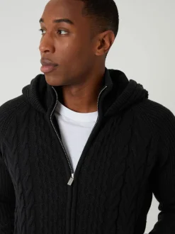 Threadbare Black Cable Knit Microfleece Lined Zip Through Hoodie