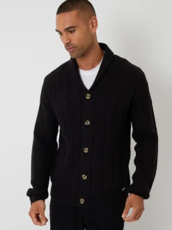 Threadbare Black Cable Knit Shawl Collar Cardigan With Wool