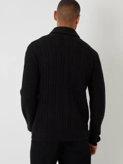 Threadbare Black Cable Knit Shawl Collar Cardigan With Wool