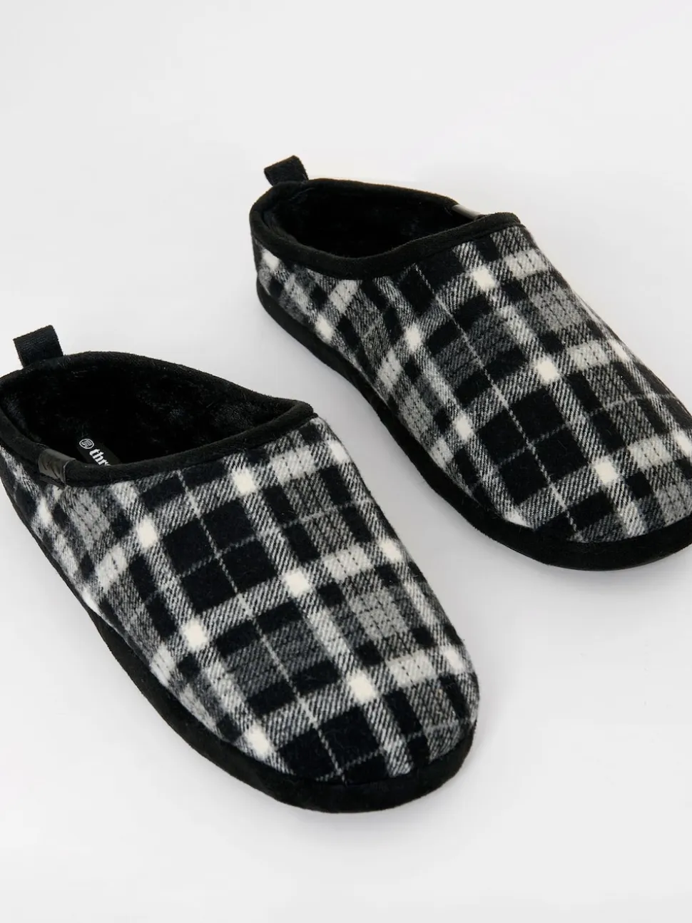Threadbare Black Check Faux Fur Lined Mule Slippers
