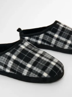 Threadbare Black Check Faux Fur Lined Mule Slippers