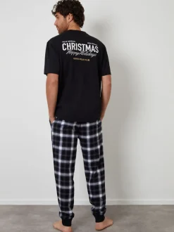 Threadbare Black Christmas Graphic Check Pyjamas Set