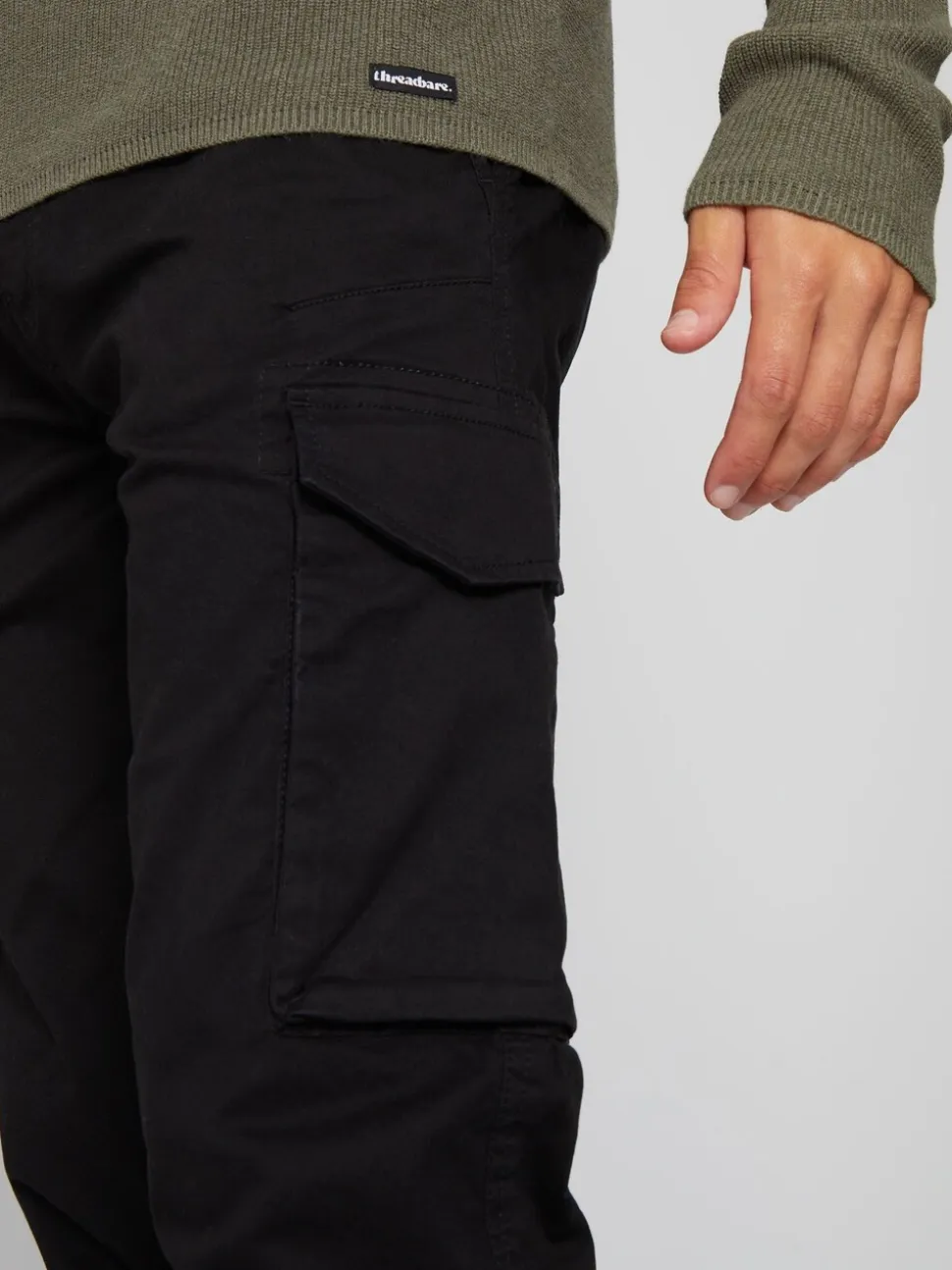 Threadbare Black Cotton Cargo Trousers With Stretch