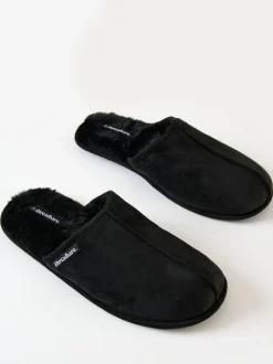 Threadbare Black Faux Fur Lined Slip On Mule Slippers