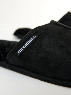 Threadbare Black Faux Fur Lined Slip On Mule Slippers