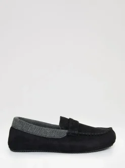 Threadbare Black Faux Suede Fabric Trim Moccasin Slippers