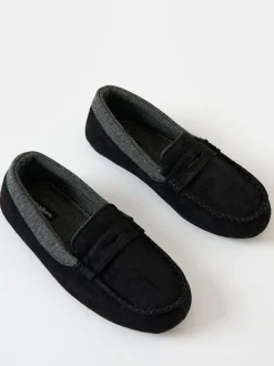 Threadbare Black Faux Suede Fabric Trim Moccasin Slippers