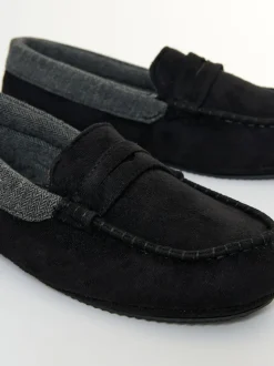 Threadbare Black Faux Suede Fabric Trim Moccasin Slippers