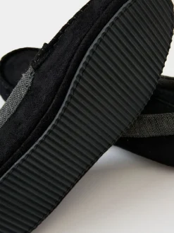 Threadbare Black Faux Suede Fabric Trim Moccasin Slippers
