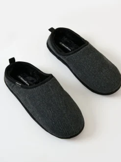 Threadbare Black Faux Suede Faux Fur Lined Mule Slippers